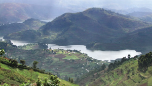 Landscape with terraced fields and a river.