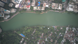 Aerial view showcasing a n urban wetland landscape.